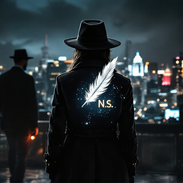 The central focus of the cover is Natalia "Nix" Sokolov, the female thief. She stands in the foreground, dressed in a black trench coat and hat, holding a glowing white feather with "N.S." in gold ink. The Los Angeles skyline at night serves as the backdrop, with hints of a stolen diamond or painting reflected in the city lights. In the shadows of the city, Adrian Blackwell's silhouette looms, watching Natalia.
