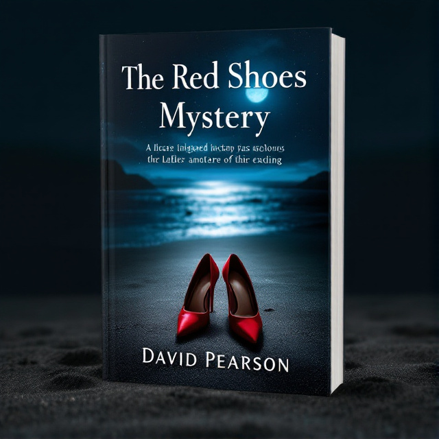 The cover features a pair of red women's heeled shoes abandoned on a dark beach at night. The shoes are placed in the center of the cover, with the moonlight reflecting off the sand in the background.