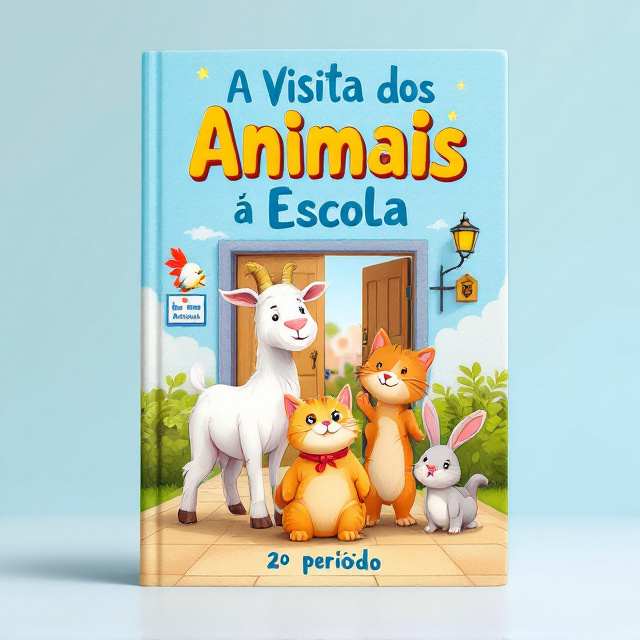The cover features a playful and colorful illustration of a white goat, a cockatiel, a cat, and a rabbit happily entering a school. The animals are depicted with friendly expressions and vibrant colors, capturing the joyful atmosphere of their visit to the school.