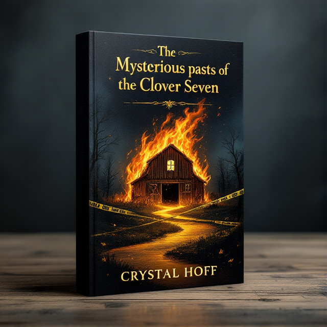 The cover features a dark, mysterious background with an illustration of a burning barn in the center. Surrounding the barn are illustrations of a river and yellow police tape, symbolizing the mysteries that the characters will unravel.