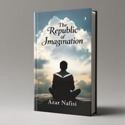 standing book mockup, Its title is "The Republic of Imagination". Its author name is Azar Nafisi.  The cover features a silhouetted figure sitting under a cloudy sky, engrossed in reading an open book. The figure is positioned in the center of the cover, with the book slightly tilted towards the viewer. The cloudy sky creates a sense of mystery and intrigue. The title "The Republic of Imagination" is written in a bold and elegant font, positioned above the figure. The author's name, "Azar Nafisi," is written in a smaller and more subtle font, placed below the title., The visual elements are placed in a balanced and centered layout, with the figure positioned slightly higher than the title and author name.