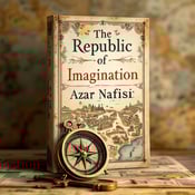 standing book mockup, Its title is "The Republic of Imagination". Its author name is Azar Nafisi.  The cover features a vintage map of a historical city as the background, with an old-fashioned compass placed in the foreground. The compass is slightly tilted, adding a sense of dynamism to the composition. The book title, "The Republic of Imagination," is displayed in an elegant serif font, with the word "Imagination" slightly larger and bolded for emphasis. The author's name, Azar Nafisi, is written in a smaller, more understated font beneath the title., The title and author's name are positioned in the bottom half of the cover, allowing the map and compass to take center stage. The typography is aligned to the center, creating a balanced and harmonious composition.