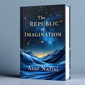 standing book mockup, Its title is "The Republic of Imagination". Its author name is Azar Nafisi.  The cover features a seamless blend of flowing water and a starry sky. The water starts at the bottom of the cover and gradually merges into a vibrant night sky filled with stars as it reaches the top. The book title "The Republic of Imagination" is written in a bold and elegant font, with the words "Republic" and "Imagination" highlighted in gold to add a touch of sophistication., The title is placed at the top center of the cover, with the author's name "Azar Nafisi" positioned just below it. The flowing water and starry sky occupy the background of the cover, with the title and author's name placed in front of them.