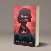 standing book mockup, Its title is "There Your Heart Lies". Its author name is Mary Gordon.  The cover features a central silhouette of a woman, her head turned slightly to the side with a nostalgic expression. Behind her, a faded historical scene depicting a war is shown, with soldiers and ruins. The silhouette and scene are in shades of red, creating a passionate and intriguing atmosphere. The title "There Your Heart Lies" is bold and in a serif font, with a vintage feel. The author name "Mary Gordon" is in a smaller, elegant script font, placed below the title., The silhouette and scene are positioned in the center of the cover, with the title placed above and the author name below. The typography is centered and well-balanced.