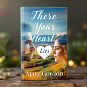 standing book mockup, Its title is "There Your Heart Lies". Its author name is Mary Gordon.  The cover features two face profiles, one male and one female, overlaying a beautiful Spanish landscape. The faces are partially transparent, conveying a sense of mystery and depth. In the background, there is a distant view of rolling hills and a blue sky, adding to the emotional atmosphere of the cover. At the center, there is a heart-shaped cutout, symbolizing the themes of love and passion in the book. The title "There Your Heart Lies" is written in an elegant, cursive font, with each word stacked on top of each other. The author's name, Mary Gordon, is placed below the title in a simple, sans-serif font., The faces and landscape are placed horizontally across the scene, with the heart-shaped cutout centered between the faces. The title and author's name are positioned below the heart, aligned to the left.