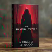 standing book mockup, Its title is "The Handmaid's Tale". Its author name is Margaret Atwood.  The cover features a large, shadowy figure in the center, standing tall with a commanding presence. The figure is wearing a long cloak, partially covering their face, creating an air of mystery. In the background, there are other shadowy figures, hinting at a dystopian society. The overall style is dark and ominous, with contrasting shades of red adding to the suspenseful atmosphere. The title "The Handmaid's Tale" is displayed in bold, striking font, positioned vertically on the left side of the cover. The author's name, Margaret Atwood, is written in a more elegant and delicate font, placed horizontally at the bottom of the cover., The visual elements are centered on the cover, with the figure taking up the majority of the space. The title and author's name are strategically positioned to balance the composition.