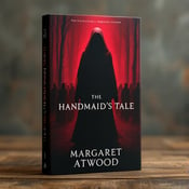 standing book mockup, Its title is "The Handmaid's Tale". Its author name is Margaret Atwood.  The cover features a large, shadowy figure in the center, standing tall with a commanding presence. The figure is wearing a long cloak, partially covering their face, creating an air of mystery. In the background, there are other shadowy figures, hinting at a dystopian society. The overall style is dark and ominous, with contrasting shades of red adding to the suspenseful atmosphere. The title "The Handmaid's Tale" is displayed in bold, striking font, positioned vertically on the left side of the cover. The author's name, Margaret Atwood, is written in a more elegant and delicate font, placed horizontally at the bottom of the cover., The visual elements are centered on the cover, with the figure taking up the majority of the space. The title and author's name are strategically positioned to balance the composition.