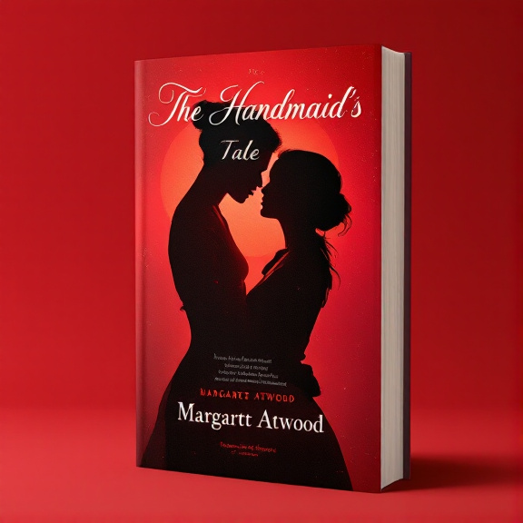The cover features a silhouette of a couple locked in a passionate embrace. The silhouettes are filled with a vibrant, deep red color, representing the intense emotions of love and passion. The background is a gradient of lighter shades of red, creating a sense of depth and intrigue. The title of the book, "The Handmaid's Tale," is written in an elegant script font, flowing across the top of the cover.