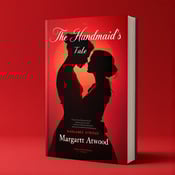 standing book mockup, Its title is "The Handmaid's Tale". Its author name is Margaret Atwood.  The cover features a silhouette of a couple locked in a passionate embrace. The silhouettes are filled with a vibrant, deep red color, representing the intense emotions of love and passion. The background is a gradient of lighter shades of red, creating a sense of depth and intrigue. The title of the book, "The Handmaid's Tale," is written in an elegant script font, flowing across the top of the cover. The title is written in a script font that exudes elegance and sophistication, perfectly complementing the romantic theme of the book. The author's name, Margaret Atwood, is written in a clean, bold font, placed at the bottom of the cover., The silhouetted couple takes center stage, occupying the majority of the cover. The title and author's name are strategically placed at the top and bottom, respectively, ensuring they are easily visible without overpowering the main image.