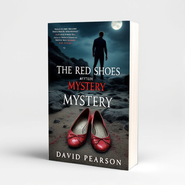 A pair of worn flat red women's shoes are seen on the sand of a rocky beach at night with the moon shining brightly and a shadowy male figure in the background.