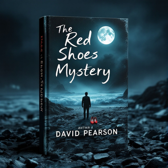The cover features a dark and desolate rocky beach with crashing waves. In the foreground stands a shadowy male figure, partially obscured by the mist. The moon hangs ominously in the night sky, casting an eerie glow on the scene. At the center of the cover lies a pair of flat red women's shoes, standing out starkly against the gloomy backdrop.