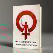 standing book mockup, Its title is "The Handmaid's Tale". Its author name is Margaret Atwood.  The cover features a bold emblematic symbol in the background, representing the intensity and conflict of the political drama genre. The symbol is a stylized handmaid's bonnet, representing the central theme of the book. The symbol is rendered in red, highlighting the determination and power of the protagonist. The title "The Handmaid's Tale" is displayed in strong, bold typography in black, contrasting with the red background. The author's name, Margaret Atwood, is written in a more elegant and subtle font, positioned below the title., The emblematic symbol is placed in the center of the cover, occupying most of the space. The title and author's name are positioned at the top and bottom respectively, creating a balanced and visually appealing composition.