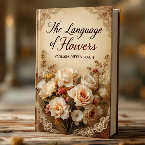 standing book mockup, Its title is "The Language of Flowers". Its author name is Vanessa Diffenbaugh.  A bouquet of vintage flowers is placed in the foreground, with warm sepia tones and a blurred background resembling old parchment paper or letters. Lace patterns delicately intertwine with the flowers, adding an elegant touch to the composition. The book title "The Language of Flowers" is written in a flowing script font, evoking a sense of romance and nostalgia. The author's name, Vanessa Diffenbaugh, is displayed in a bold serif font, providing a contrasting element to the script font., The title and author's name are positioned at the top and bottom of the cover, respectively. The bouquet of flowers is centered in the middle of the cover, drawing attention to the vintage elements and creating a focal point.