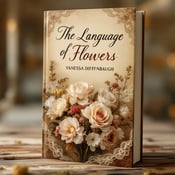 standing book mockup, Its title is "The Language of Flowers". Its author name is Vanessa Diffenbaugh.  A bouquet of vintage flowers is placed in the foreground, with warm sepia tones and a blurred background resembling old parchment paper or letters. Lace patterns delicately intertwine with the flowers, adding an elegant touch to the composition. The book title "The Language of Flowers" is written in a flowing script font, evoking a sense of romance and nostalgia. The author's name, Vanessa Diffenbaugh, is displayed in a bold serif font, providing a contrasting element to the script font., The title and author's name are positioned at the top and bottom of the cover, respectively. The bouquet of flowers is centered in the middle of the cover, drawing attention to the vintage elements and creating a focal point.