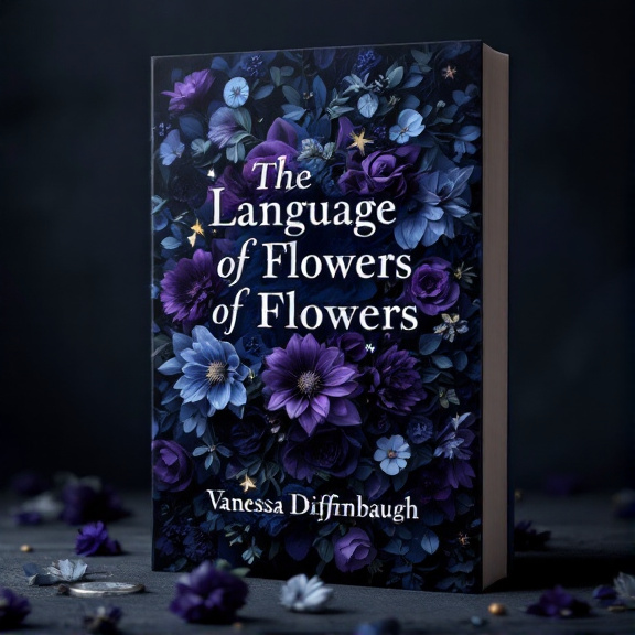 A dark, moody background with a close-up of a bouquet of flowers in the foreground. The flowers are mostly in shades of dark purple and blue, with hints of lighter shades for contrast. Shadow effects are used to create an atmosphere of mystery and intrigue, with hidden symbols and objects scattered among the flowers.