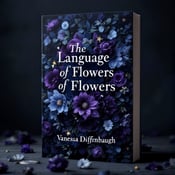 standing book mockup, Its title is "The Language of Flowers". Its author name is Vanessa Diffenbaugh.  A dark, moody background with a close-up of a bouquet of flowers in the foreground. The flowers are mostly in shades of dark purple and blue, with hints of lighter shades for contrast. Shadow effects are used to create an atmosphere of mystery and intrigue, with hidden symbols and objects scattered among the flowers. A bold, elegant font for the book title, "The Language of Flowers," with the word "Flowers" written in a flowing, cursive style. The author name, Vanessa Diffenbaugh, is placed below the title in a smaller, more understated font., The title is positioned at the top of the cover, spanning across the width of the book. The author name is centered at the bottom of the cover. The floral arrangement is centered in the middle, taking up most of the space.