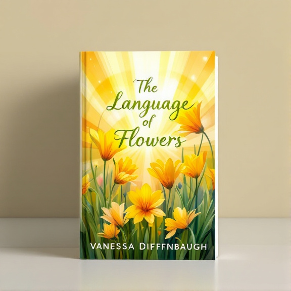 standing book mockup, Its title is "The Language of Flowers". Its author name is Vanessa Diffenbaugh.  The cover features a vibrant and lush background of blooming flowers in bright yellows and greens. Abstract sunlight rays emanate from behind the flowers, creating a sense of hope and growth. The flowers are placed in the center of the cover, with the rays spreading outwards, symbolizing the positive impact of the book's content. The book title "The Language of Flowers" is displayed in a elegant and flowing font, with each word stacked vertically. The author's name, Vanessa Diffenbaugh, is written below the title in a simpler and smaller font., The title and author's name are positioned at the bottom of the cover, allowing the flowers and sunlight rays to take center stage. The typography is centered and balanced, creating a harmonious composition.