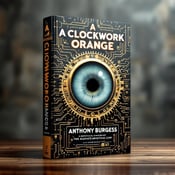 standing book mockup, Its title is "A Clockwork Orange (Restored Text)". Its author name is Anthony Burgess.  The cover features a large, realistic eye centered on the design, with clockwork gears surrounding the iris. Abstract patterns, resembling circuitry, fill the background, creating a sense of unease and intrigue. The title "A Clockwork Orange" and author name "Anthony Burgess" are displayed in bold, capital letters, with a clockwork gear motif incorporated into the lettering. The font used is a bold and modern sans-serif font., The eye and clockwork gears are the focal point of the cover, taking up the majority of the space. The title and author name are placed above and below the eye, respectively, allowing them to stand out without distracting from the main visual elements.
