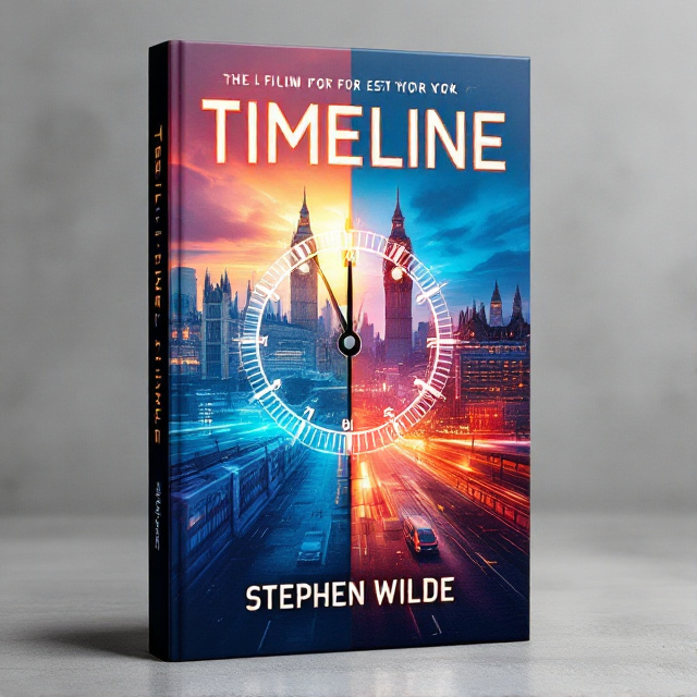 The cover features a split image of London and New York, with the iconic landmarks of each city prominently displayed. The background is a blend of vibrant colors to evoke a sense of fast-paced energy. In the foreground, a clock hand is shown moving from the GMT time zone in London to the EST time zone in New York, symbolizing the time-travel aspect of the story.