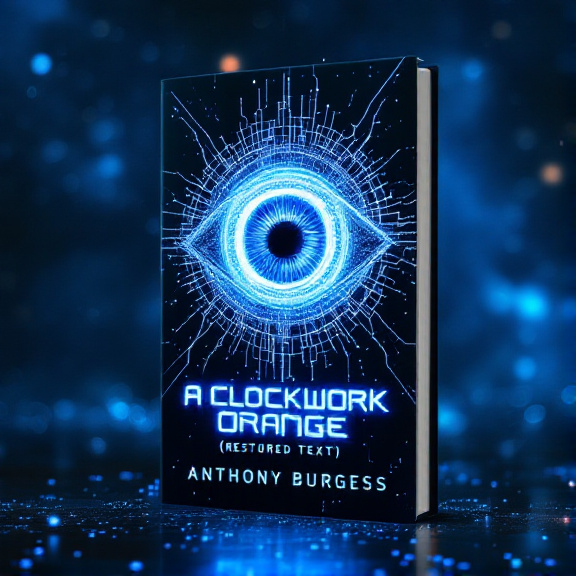 The cybernetic eye, depicted in electric blue, floats in the center of the book cover against a galactic backdrop. The eye is intertwined with intricate digital patterns that represent networks and technology.