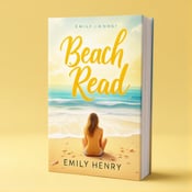 standing book mockup, Its title is "Beach Read". Its author name is Emily Henry.  The cover features a serene beach scene with soft yellow and warm tones. In the background, there is an abstract representation of the sea and sky, with hints of waves and clouds. In the foreground, a single character is sitting by the shore, lost in thought, with their back facing the viewer. The scene is framed by subtle details like seashells and footprints in the sand. The book title "Beach Read" is written in a playful and flowing script font, in a soft yellow color that complements the overall color scheme of the cover. The author's name, Emily Henry, is displayed in a more elegant and bold serif font, providing a contrast to the script title., The visual elements are arranged in a balanced manner, with the character placed towards the center of the cover, and the book title and author name positioned above and below, respectively.