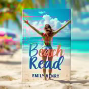 standing book mockup, Its title is "Beach Read". Its author name is Emily Henry.  A vibrant and captivating image of a confident woman standing on a sandy beach, facing the turquoise ocean. The woman has her arms stretched wide, embracing the freedom and empowerment of the moment. The beach scenery is filled with colorful beach umbrellas, palm trees, and sparkling waves, representing a joyful and uplifting atmosphere. The book title, "Beach Read," is written in bold and playful handwritten font, with the word "Beach" in a contrasting color such as deep blue or coral. The author's name, Emily Henry, is placed below the title in a simple and elegant font., The title and author name are centered at the bottom of the cover, allowing the image to take center stage. The typography is large enough to be easily readable, even in thumbnail size.