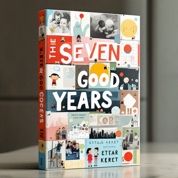 standing book mockup, Its title is "The Seven Good Years". Its author name is Etgar Keret.  A collage of personal photographs mixed with playful drawings, capturing key moments from the memoir. The photos will be arranged in a scattered and overlapping manner, creating a sense of nostalgia and warmth. Childhood toys will be placed strategically in the collage to evoke a sense of innocence and playfulness. The city skyline will be subtly incorporated as a background element, representing the setting of the book. The title "The Seven Good Years" will be displayed in a bold and playful font, with the word "Good" emphasized in a contrasting color. The author's name, Etgar Keret, will be presented in a more elegant and refined font, contrasting with the playful nature of the title., The title will be positioned at the top of the cover, spanning the width of the book, while the author's name will be placed at the bottom, aligned to the right. The collage of photographs and drawings will fill the rest of the cover, creating a visually engaging composition.