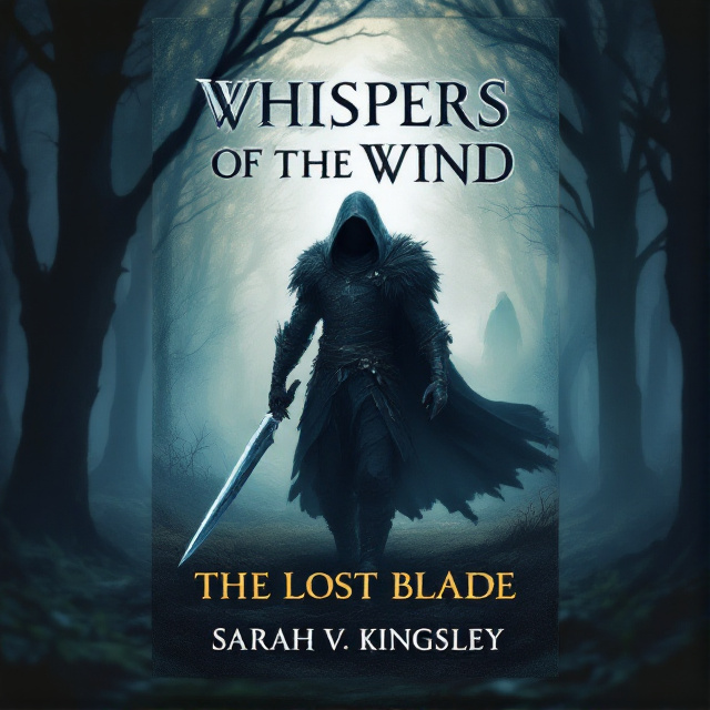 The warrior stands in the center of the cover, with the mystical forest as the background. The shadowy figure is positioned in the background, partially hidden behind the trees.