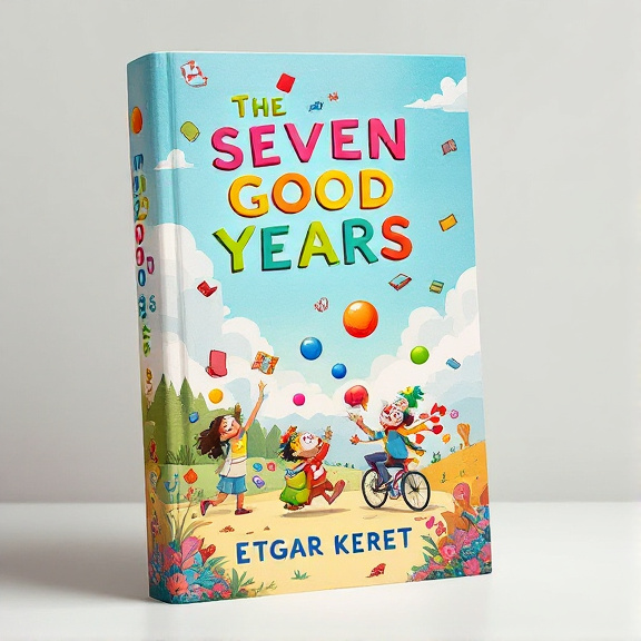 The cover features a whimsical cartoon scene with colorful characters and objects. The main focus is on a group of cartoon characters engaging in playful activities, such as juggling colorful balloons and riding a bicycle with a clown-like figure. The background includes a sunny sky with fluffy clouds and a landscape filled with whimsical objects like flying books and floating candies.