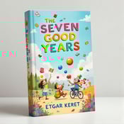 standing book mockup, Its title is "The Seven Good Years". Its author name is Etgar Keret.  The cover features a whimsical cartoon scene with colorful characters and objects. The main focus is on a group of cartoon characters engaging in playful activities, such as juggling colorful balloons and riding a bicycle with a clown-like figure. The background includes a sunny sky with fluffy clouds and a landscape filled with whimsical objects like flying books and floating candies. The title "The Seven Good Years" is displayed in a bold and playful font, with each word in a different color. The author's name, Etgar Keret, is placed below the title in a more subdued font., The title and author's name are positioned near the top of the cover, allowing the characters and objects to take center stage. The typography is placed in a way that complements the overall composition.