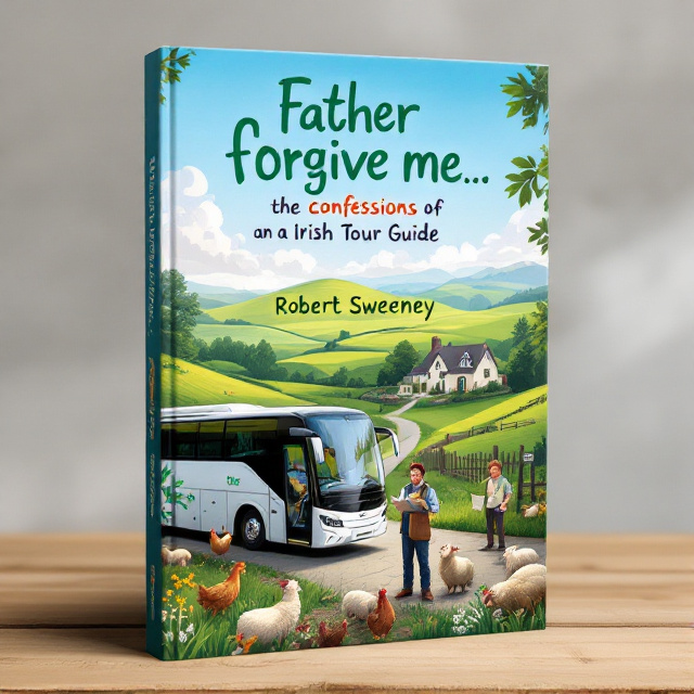 The cover features a tranquil Irish countryside with rolling green hills in the background. In the foreground, there is a busy farmyard with various farm animals, including sheep and chickens. A tour coach is parked on a driveway leading to an Irish cottage in the mid-distance. The tour guide is seen standing next to the coach, holding a map and engaged in a conversation with a perplexed-looking farmer.