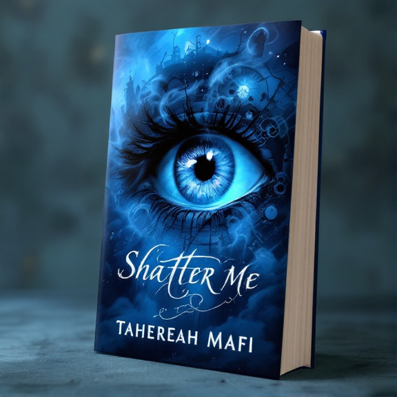 standing book mockup, Its title is "Shatter Me". Its author name is Tahereh Mafi.  The central focus of the cover is a close-up of an eye, partially obscured by swirling mist. Behind the eye, there are faint silhouettes of machinery and gears, creating an atmosphere of mystery and intrigue. The background is a deep blue color, with wisps of clouds adding a sense of wonder. The title "Shatter Me" is written in a bold, elegant font, with a slightly shattered effect to evoke the theme of the book. The author's name "Tahereh Mafi" is placed below the title in a simpler font., The eye is placed slightly off-center, with the title and author's name aligned to the right of the eye. The typography is positioned in a way that doesn't distract from the focal point.