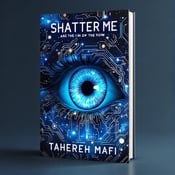 standing book mockup, Its title is "Shatter Me". Its author name is Tahereh Mafi.  The cover features a close-up of a vibrant blue eye with intricate circuitry patterns superimposed over it. The eye reflects a stunning galaxy scene, with stars and nebulae creating a sense of awe and wonder. The book title "Shatter Me" is displayed in bold, futuristic font, with the word "Shatter" in a shattered effect to convey the theme of the story. The author's name, Tahereh Mafi, is presented in a sleek and modern font., The eye is positioned at the center of the cover, with the title placed above it and the author's name below. The circuitry patterns wrap around the eye, creating a sense of tension and curiosity.