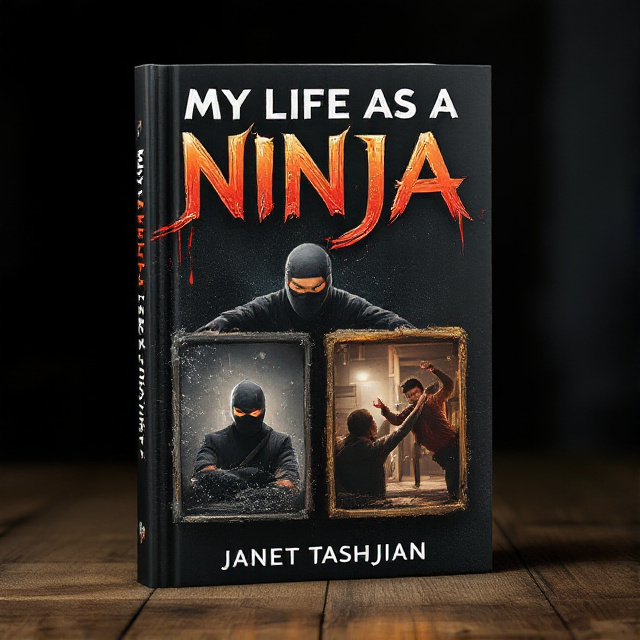The cover features two boxes on the bottom half, each depicting a main event from the book. The first box shows a ninja in stealth mode, blending into the shadows. The second box shows a humorous scene of the ninja attempting a funny stunt. Both scenes are action-packed and dynamic, capturing the essence of the book.