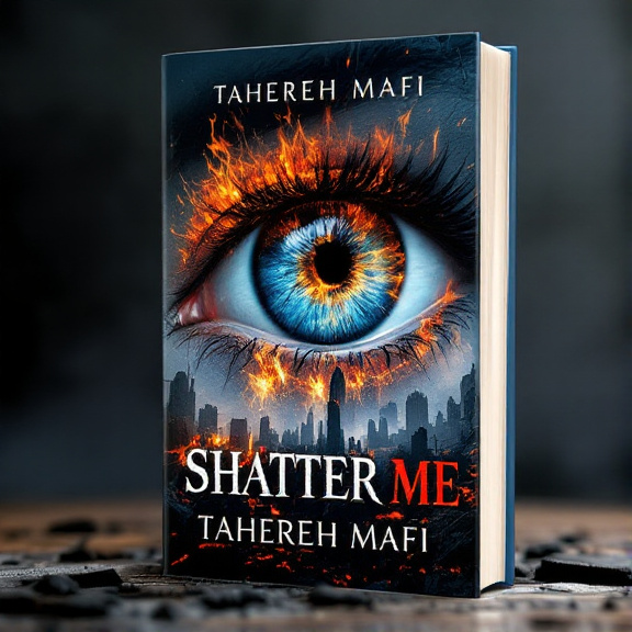 The cover features a close-up of an eye, with the iris reflecting a burning cityscape. Flames are merging into the eye's iris, symbolizing rebellion and chaos. The eye is surrounded by ruins, representing the despair in the dystopian world.