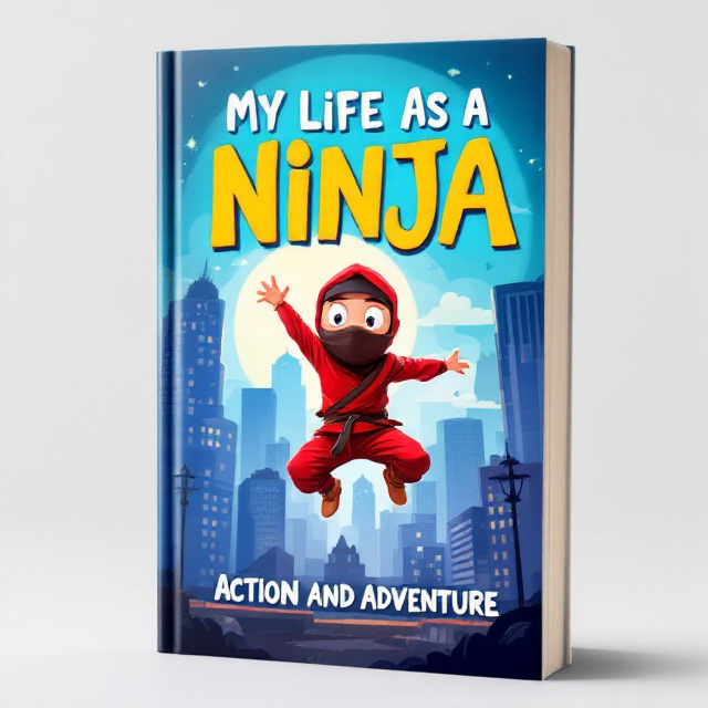 A brightly colored cartoon ninja jumping in mid-air, with a surprised expression on his face. Behind him, a cityscape with tall buildings and a full moon in the sky.