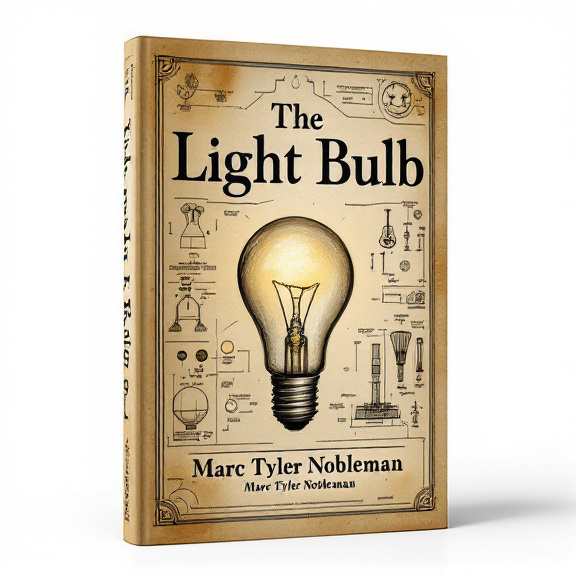 A sepia-toned vintage sketch of a light bulb in the center, surrounded by faded blueprints and patent diagrams. The light bulb is the focal point, with intricate details showcasing its inner workings. The background has a slightly worn and aged look, giving it a historical vibe.