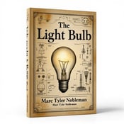 standing book mockup, Its title is "The Light Bulb". Its author name is Marc Tyler Nobleman.  A sepia-toned vintage sketch of a light bulb in the center, surrounded by faded blueprints and patent diagrams. The light bulb is the focal point, with intricate details showcasing its inner workings. The background has a slightly worn and aged look, giving it a historical vibe. The book title "The Light Bulb" is written in bold serif font, with a slightly distressed texture to match the vintage theme. The author name "Marc Tyler Nobleman" is placed below in a more modern sans-serif font, creating a contrast between the historical and contemporary elements., The light bulb sketch is positioned in the center, taking up the majority of the cover. The title is placed above the light bulb in an arched layout, with the author name below in a straight line. The faded blueprints and patent diagrams fill the remaining space, creating a dynamic composition.