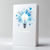 standing book mockup, Its title is "The Light Bulb". Its author name is Marc Tyler Nobleman.  A white background with a sleek, modern light bulb in the center, emitting a soft glow. The light bulb is surrounded by abstract elements in various shades of blue, representing enlightenment and progress. A minimalist, sans-serif font in bold, white letters placed below the light bulb, spelling out the title "The Light Bulb" and author name "Marc Tyler Nobleman" in a smaller size., The light bulb is the focal point of the cover, placed in the center and slightly elevated. The title and author name are aligned horizontally below the light bulb, centered on the cover.