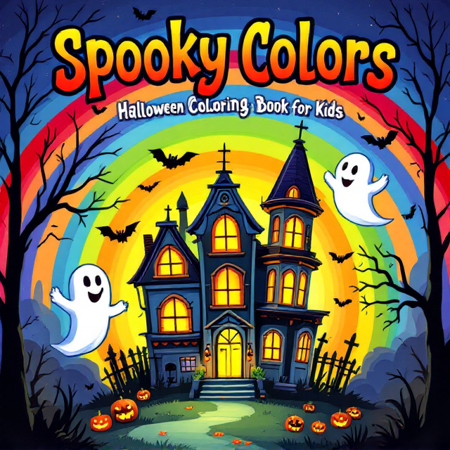 The cover features a haunted house with glowing windows, outlined in spooky, Halloween colors. A friendly ghost floats among bats, with a colorful rainbow in the background. The overall style is vibrant and lively, capturing the excitement and mystery of Halloween.