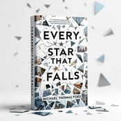 standing book mockup, Its title is "Every Star That Falls". Its author name is Michael Thomas Ford.  The cover features broken mirror fragments scattered across a white backdrop. Each mirror fragment reflects a different scene from the journey depicted in the book, showcasing moments of reflection, resilience, and courage. The book title, "Every Star That Falls," is displayed in bold, uppercase letters using a modern and clean font. The author's name, "Michael Thomas Ford," is presented in a smaller, elegant font beneath the title., The mirror fragments are arranged in a dynamic and eye-catching manner, creating a sense of movement and intrigue. The title and author's name are strategically placed amidst the mirror fragments without overlapping or obstructing them.