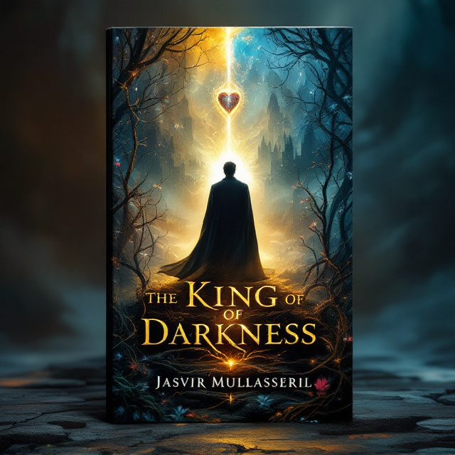 A split image with one half depicting a dark, foreboding landscape (like a shadowy forest or castle) and the other half showing a bright, vibrant scene (like a flourishing garden or sunlit horizon). The King, wearing dark robes, stands in the center, bridging the two landscapes. The Heartstone glows brightly beneath him, surrounded by swirling shadows. Intertwining vines and thorns creep up from the bottom, symbolizing the struggle against darkness, with luminescent flowers blooming among them.