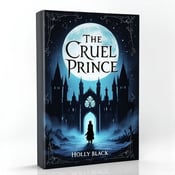 standing book mockup, Its title is "The Cruel Prince". Its author name is Holly Black.  A silhouette of an ancient castle under a moonlit sky, with a mysterious figure standing at the gates, surrounded by swirling mist. A bold, medieval-inspired font for the book title "The Cruel Prince," with a handwritten script font for the author name "Holly Black."., The book title "The Cruel Prince" is placed at the top of the cover, spanning the width, in white text, with the author name "Holly Black" beneath it in a smaller, handwritten script font. The visual composition of the ancient castle silhouette, moonlit sky, and mysterious figure is centered below the title and author name.