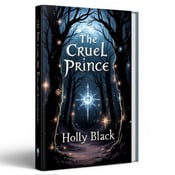 standing book mockup, Its title is "The Cruel Prince". Its author name is Holly Black.  A dark and mysterious forest dominates the cover, with tall, ancient trees stretching into the sky. Glowing magical symbols are etched into the bark of the trees, casting an eerie light. Flickering shadows move in the background, giving a sense of power and danger. The book title "The Cruel Prince" is displayed in an elegant, handwritten font, with a touch of darkness and magic. The author name "Holly Black" is shown in a bold, serif font, contrasting with the whimsical title font., The title and author name are positioned at the top and bottom of the cover respectively, allowing the forest and symbols to take center stage. The text is centered and balanced, creating a harmonious composition.