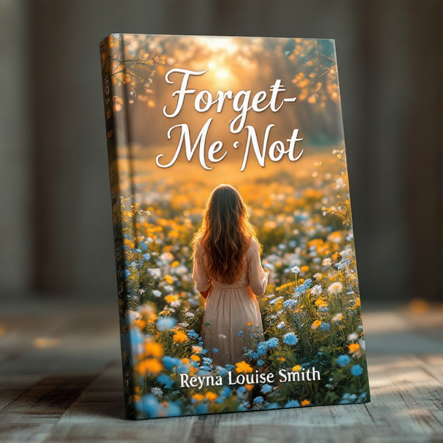 The cover features a woman standing in the middle of a field of vibrant forget-me-not flowers. The colors of the flowers are warm and inviting, creating a cozy atmosphere.