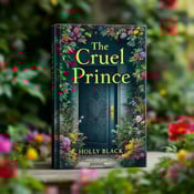 standing book mockup, Its title is "The Cruel Prince". Its author name is Holly Black.  The cover features a vibrant garden scene with lush greenery and colorful blooming flowers. In the foreground, a hidden door is partially obscured by the flowers, inviting the viewer to explore and discover what lies beyond. The title "The Cruel Prince" is displayed prominently across the top of the cover in an elegant, bold font. The author's name, Holly Black, is placed at the bottom in a subtle, handwritten script., The visual elements are arranged in a balanced and symmetrical layout, with the garden scene taking up the majority of the cover and the title and author name framing the top and bottom respectively.