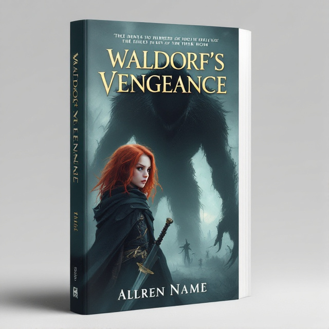 The cover features a red-head girl with intense determination in her eyes, looking to the side. She is shown wearing a cloak and has a sword on her waist. In the background, there is a haunting silhouette of a towering monster, its menacing presence covering more than half of the book cover.
