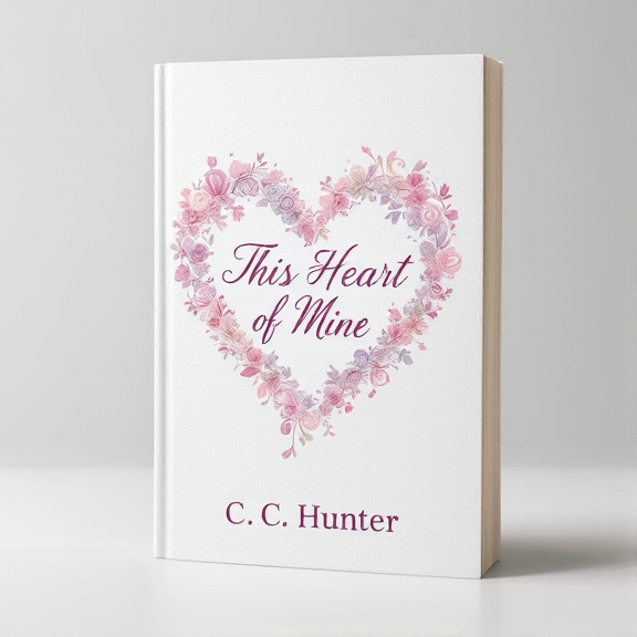 standing book mockup, Its title is "This Heart of Mine". Its author name is C. C. Hunter.  A white background with a subtle texture. In the center, there is a heart shape made up of delicate, swirling patterns. The heart is filled with soft, pastel colors, representing love and hope. The title "This Heart of Mine" is written in a graceful, script font that flows around the edges of the heart. The author's name, "C. C. Hunter," is displayed in a clean, sans-serif font at the bottom of the cover., The heart is prominently placed in the center, with the title and author name elegantly integrated around it. The elements are balanced and spaced out to create a visually pleasing composition.