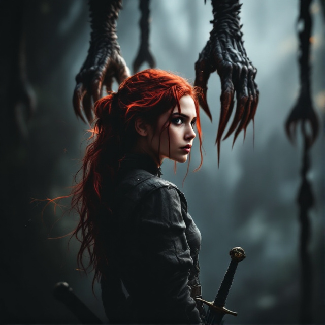 A close-up shot of a determined red-haired girl, looking to the side with a sword strapped to her waist. Above her, menacing monster claws are suspended, creating a sense of danger and impending conflict. The overall visual style is dark and mysterious, emphasizing the fantasy genre.