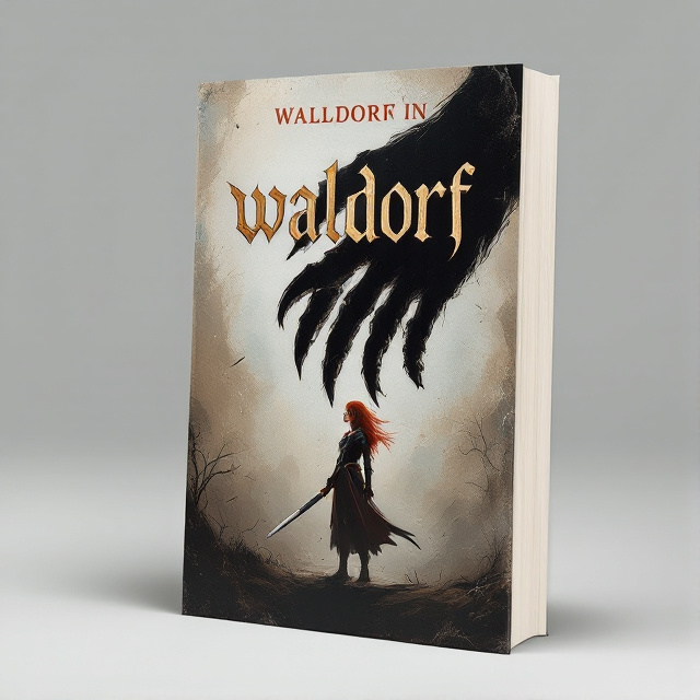 A red-headed girl with a determined expression, looking to the side, stands in the foreground. She wears medieval armor and has a sword hanging from her waist. Above her, a silhouette hand with monstrous claws reaches down towards her.